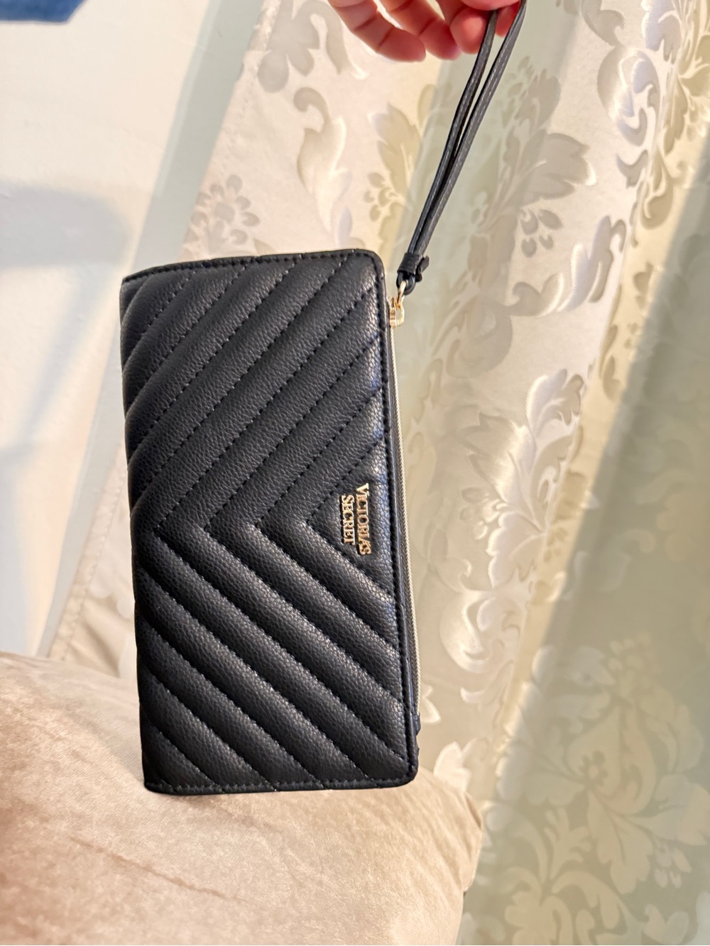 Victoria's Secret Black Quilted Wristlet Wallet with Gold Logo